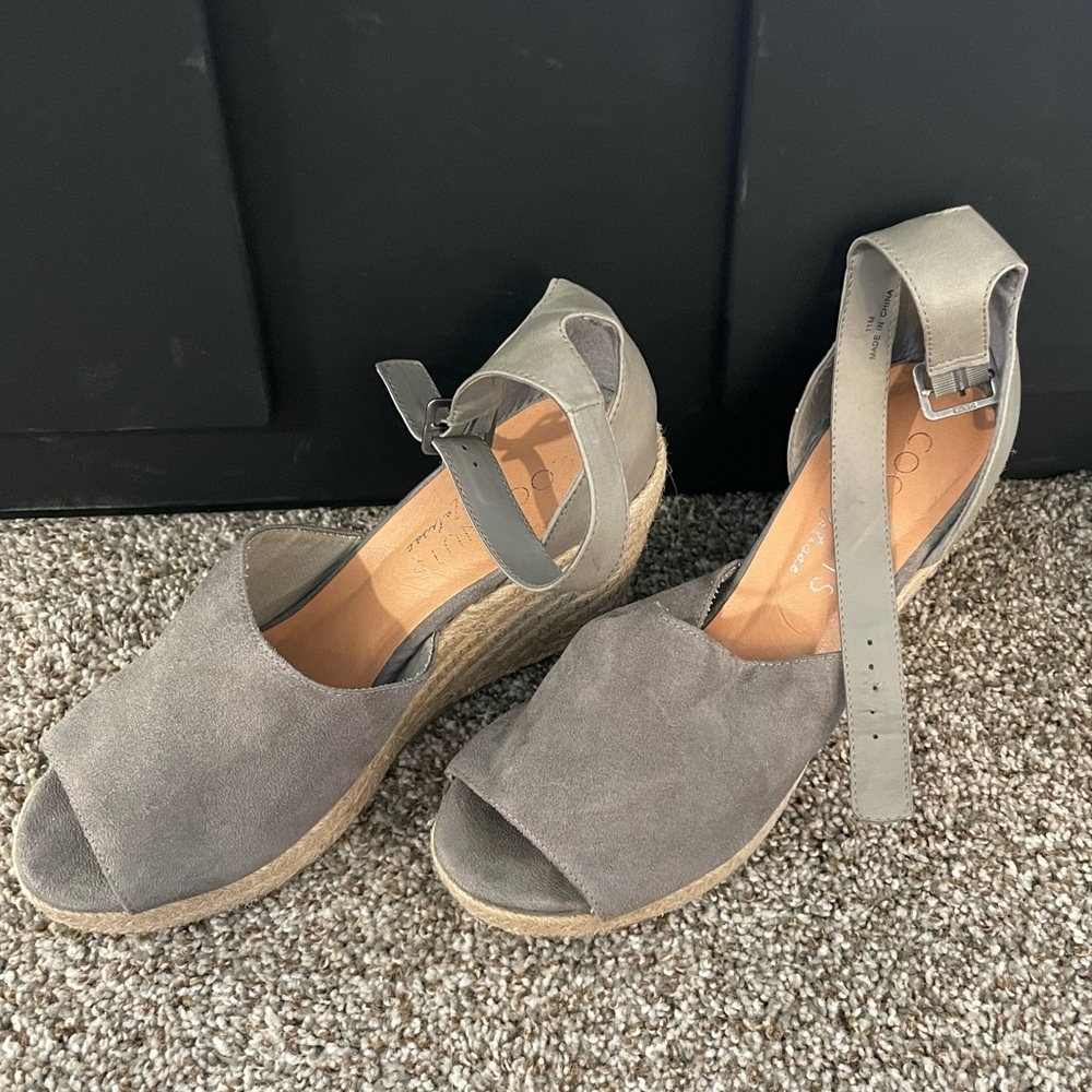 Gray Suede Open Toe Wedges